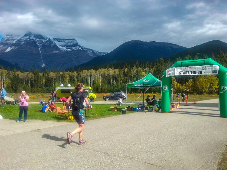 Caralyn finishing the Mt Robson Ultra.