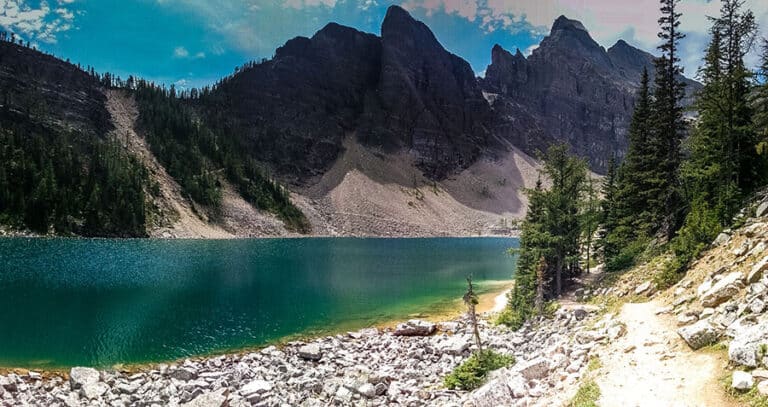 Great conditions along the shores of Lake Agnes, looking back at Mt Whyte and the Devil's Thumb.