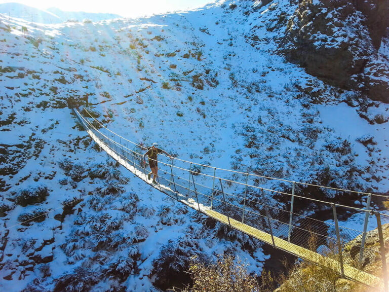 The swingbridge in the valley above Woolshed Creek Hut.