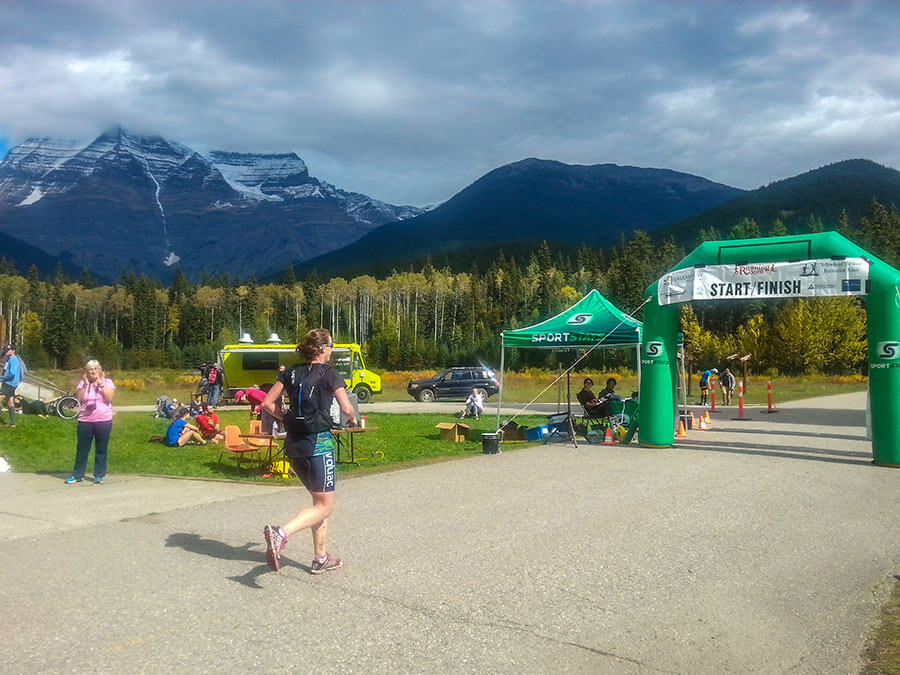 Caralyn finishing the Mt Robson Ultra. 