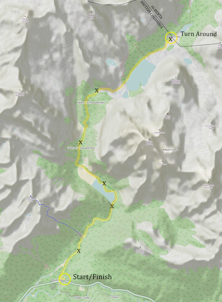  Mt Robson Route Map (x = aid/water stations). ©OpenStreetMap contributors at openstreepmap.org  